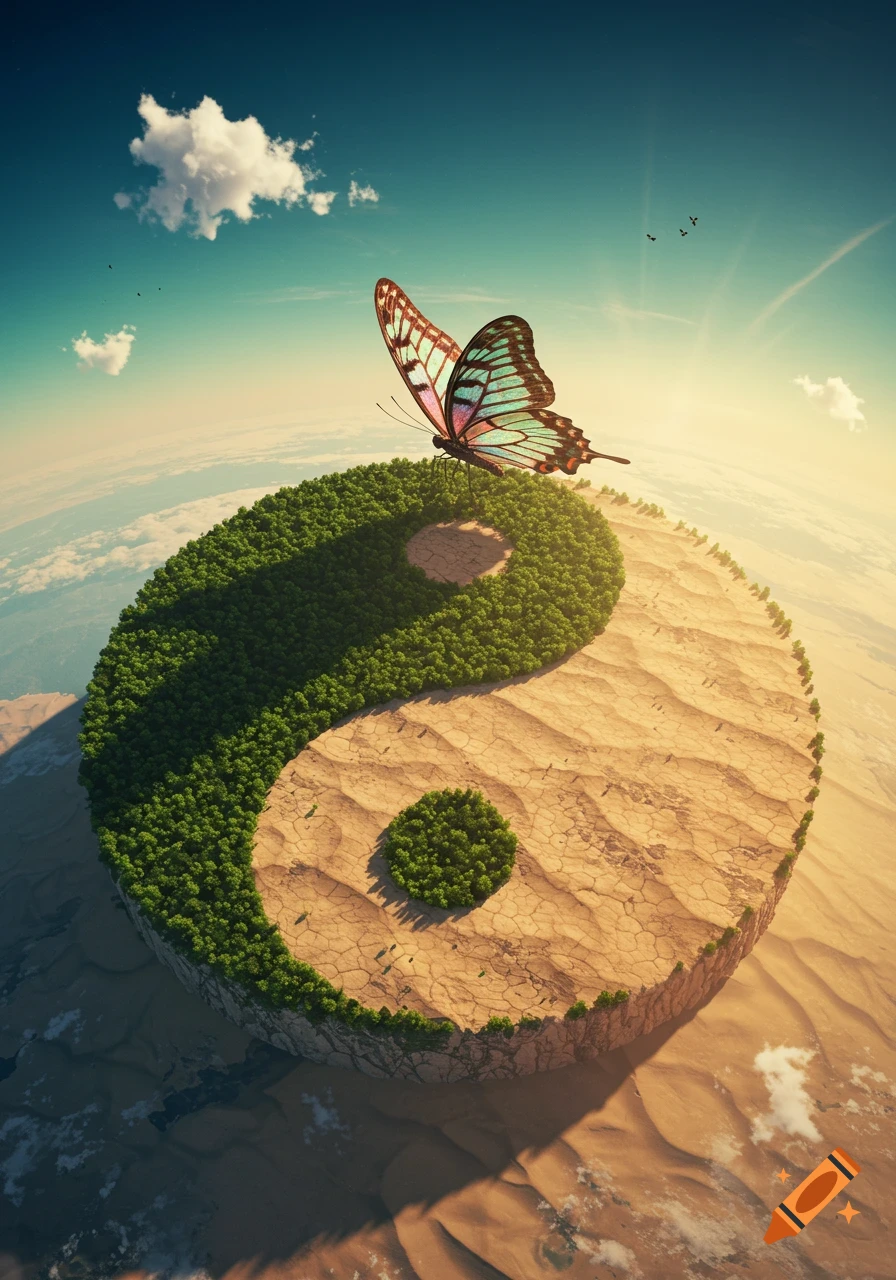 A vibrant butterfly rests on a yin-yang symbol, half lush green trees and half cracked dry earth, floating above a vast desert under a blue sky.