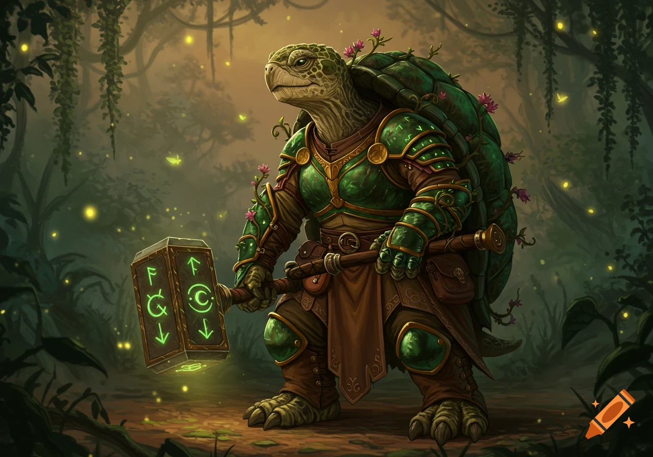 A bipedal turtle cleric in green armor holding a glowing warhammer in a magical forest.