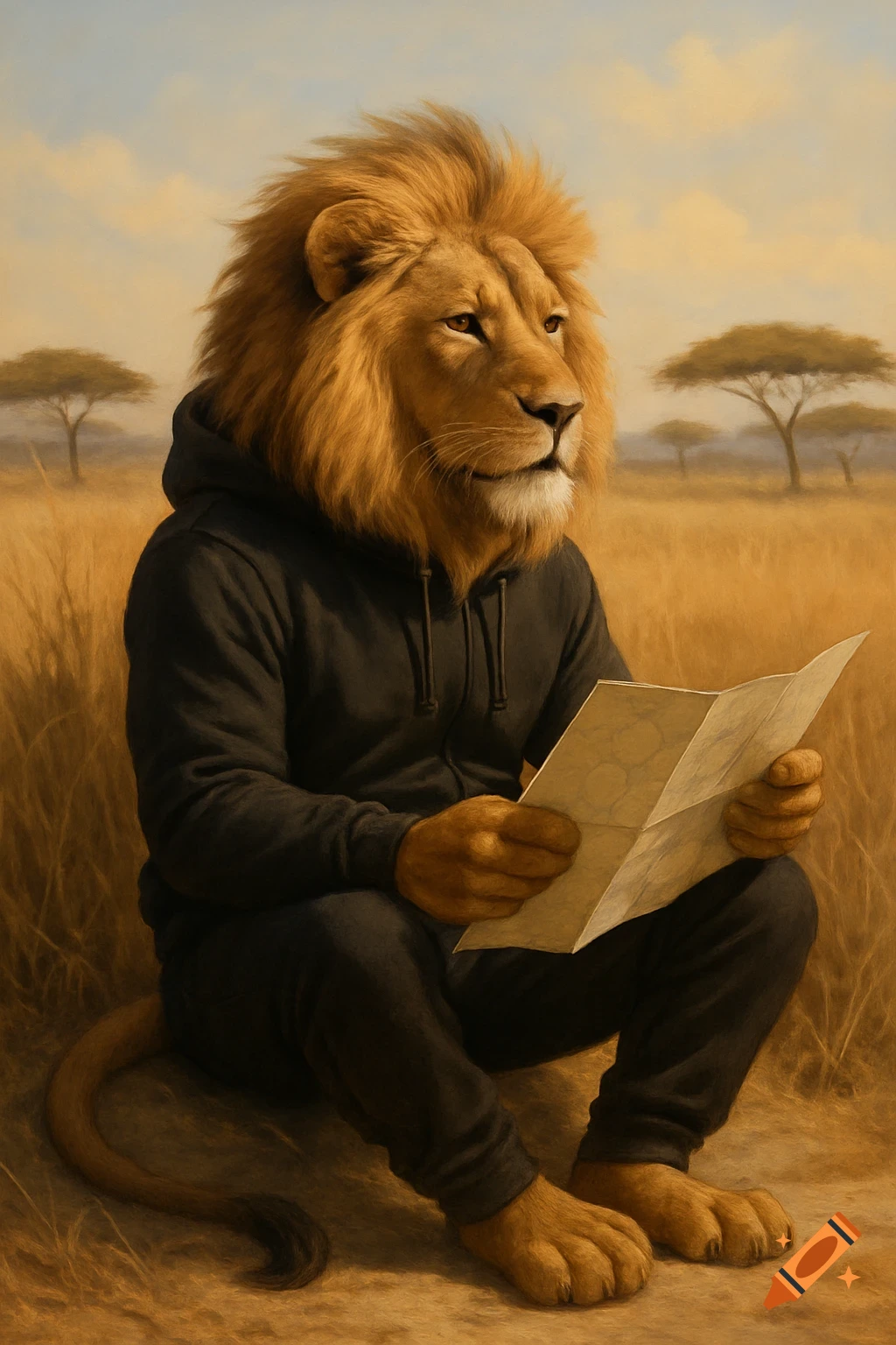 A majestic lion in a black hoodie and joggers sits in a savanna, intently reading an unfolded map. Painted style.