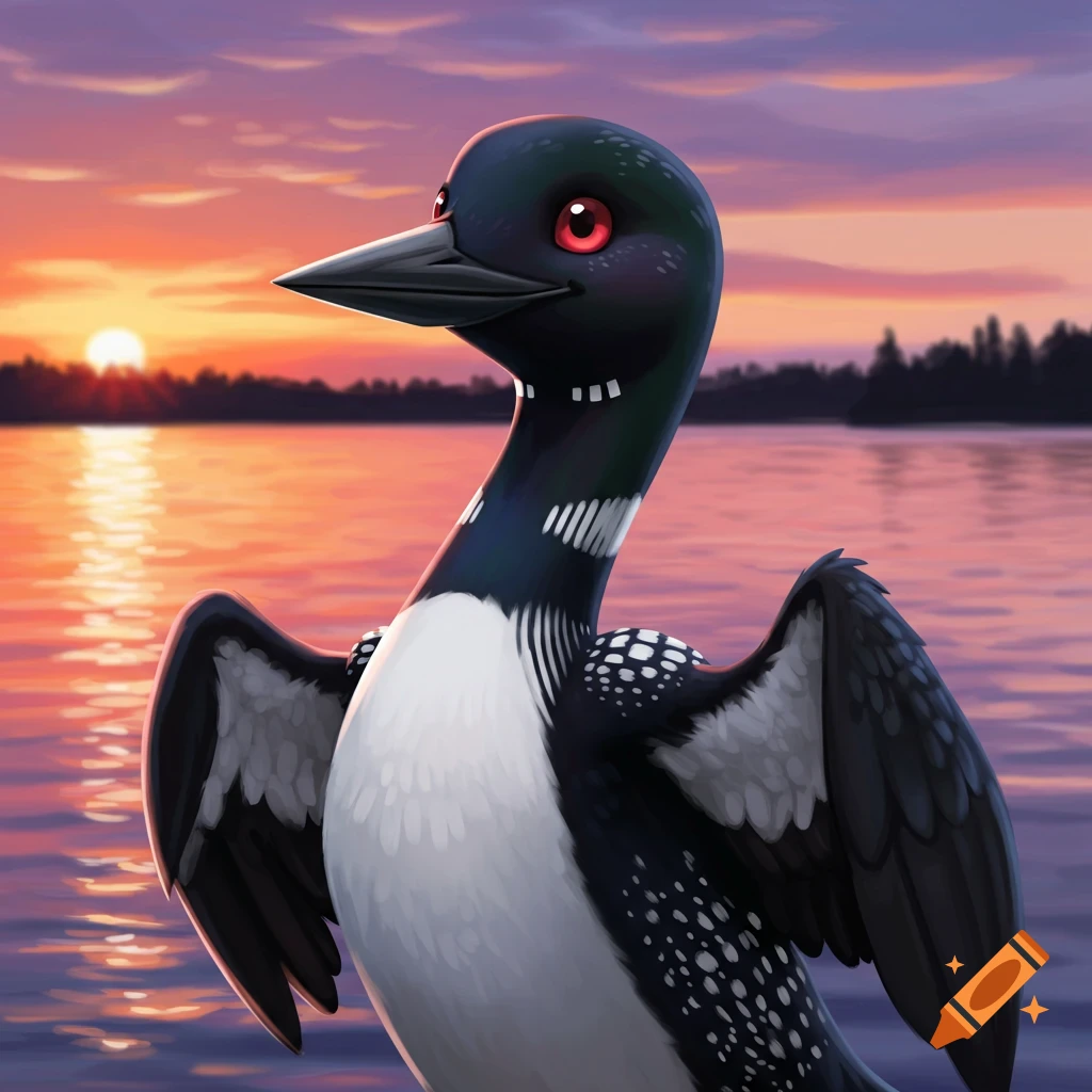 Stylized illustration of a loon with red eyes, standing in water against a vibrant sunset.