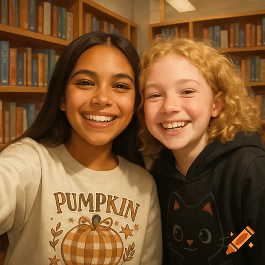 Two smiling girls take a selfie in a library. One has dark hair and a "PUMPKIN" sweatshirt; the other has blonde curly hair and a black cat hoodie.