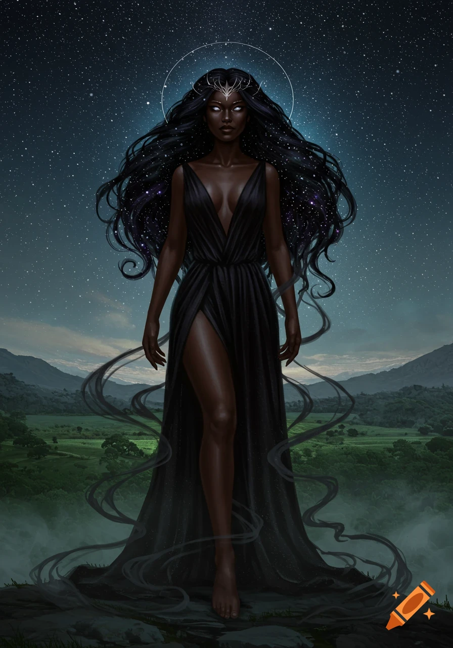 A dark-skinned woman with star-filled hair and glowing eyes in a black gown, standing on a ridge against a starry sky and green mountains. Digital art.