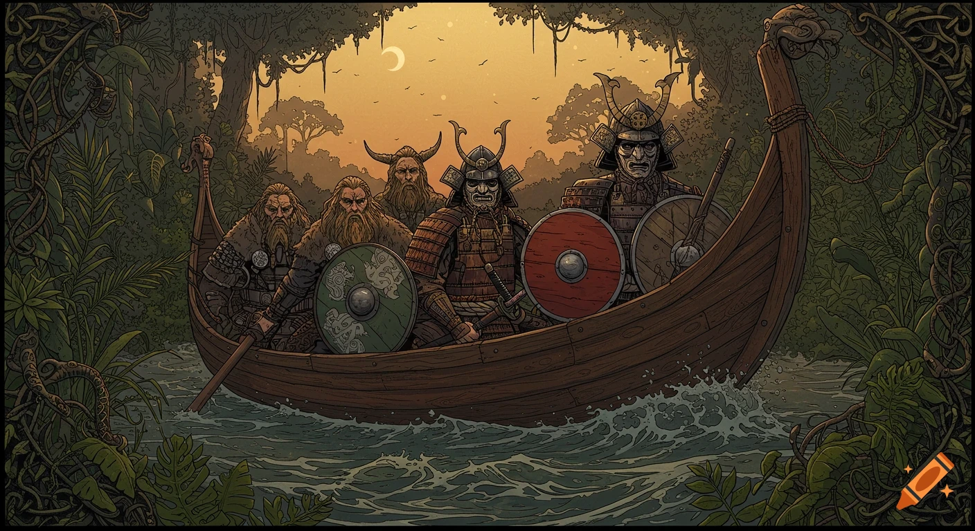 An illustration of four stylized Viking and Samurai warriors in a wooden boat sailing a river through a lush jungle at dusk.