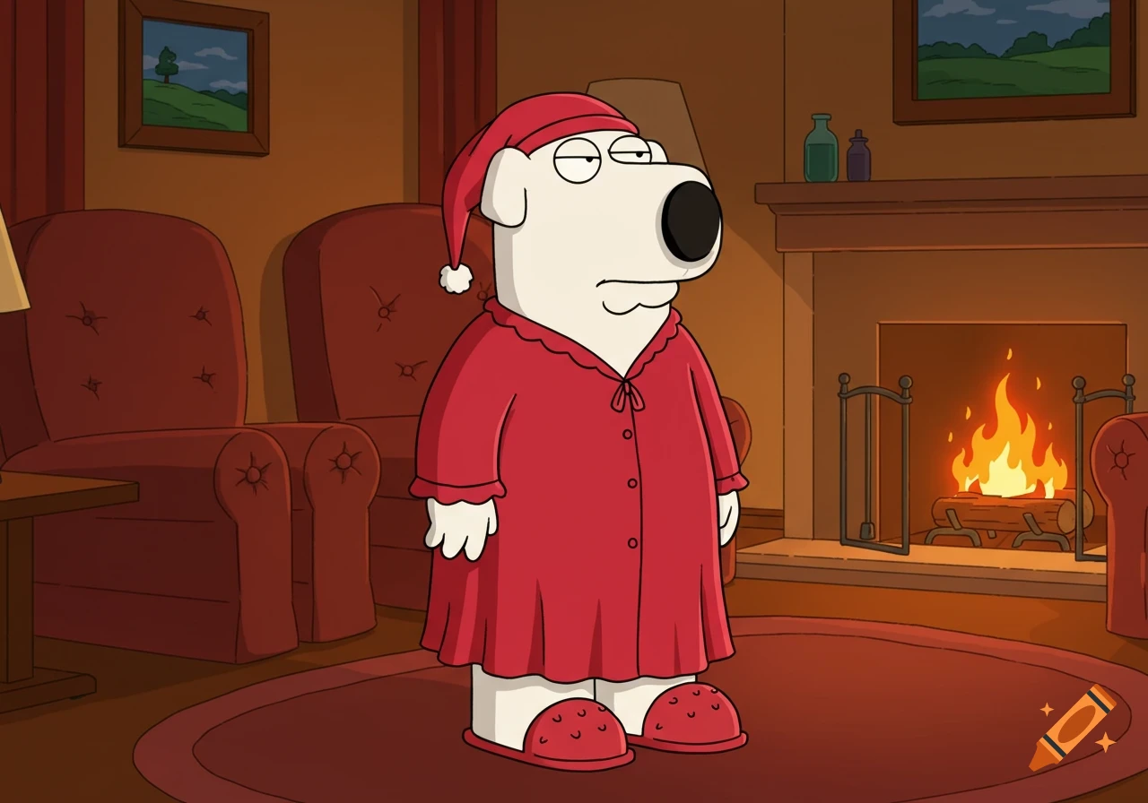 Brian from Family Guy in a red nightgown and nightcap stands in a cozy 2D animated room by a fireplace.
