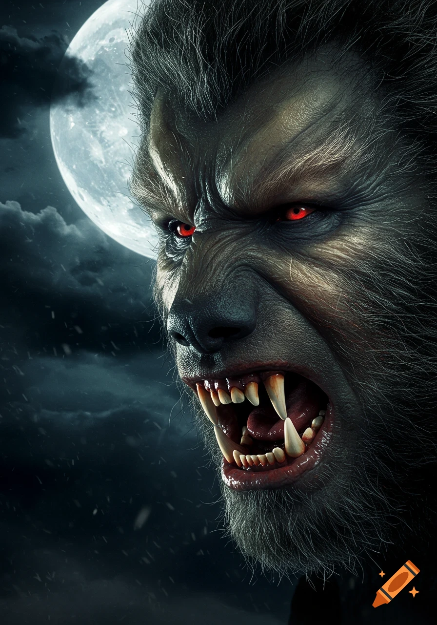 Dramatic close-up of a snarling werewolf with glowing red eyes and bared fangs, with a full moon in a cloudy night sky.