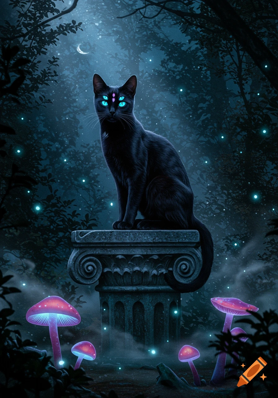 A black cat with five glowing blue eyes sits on a stone pedestal in a dark, magical forest with glowing blue orbs, pink mushrooms, and a crescent moon.