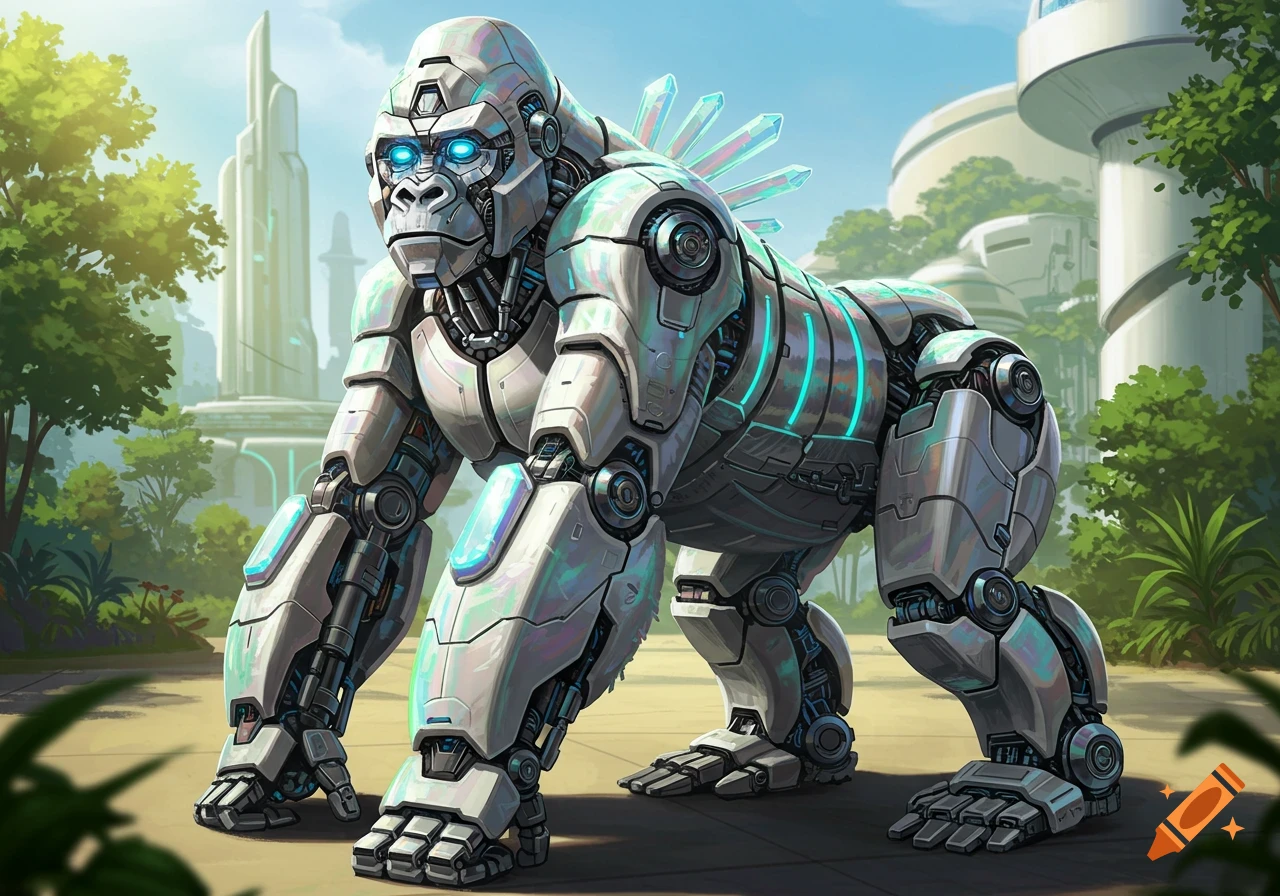 A gleaming cyberprep robot gorilla with glowing blue eyes and a crystal spine stands in a lush, futuristic city.