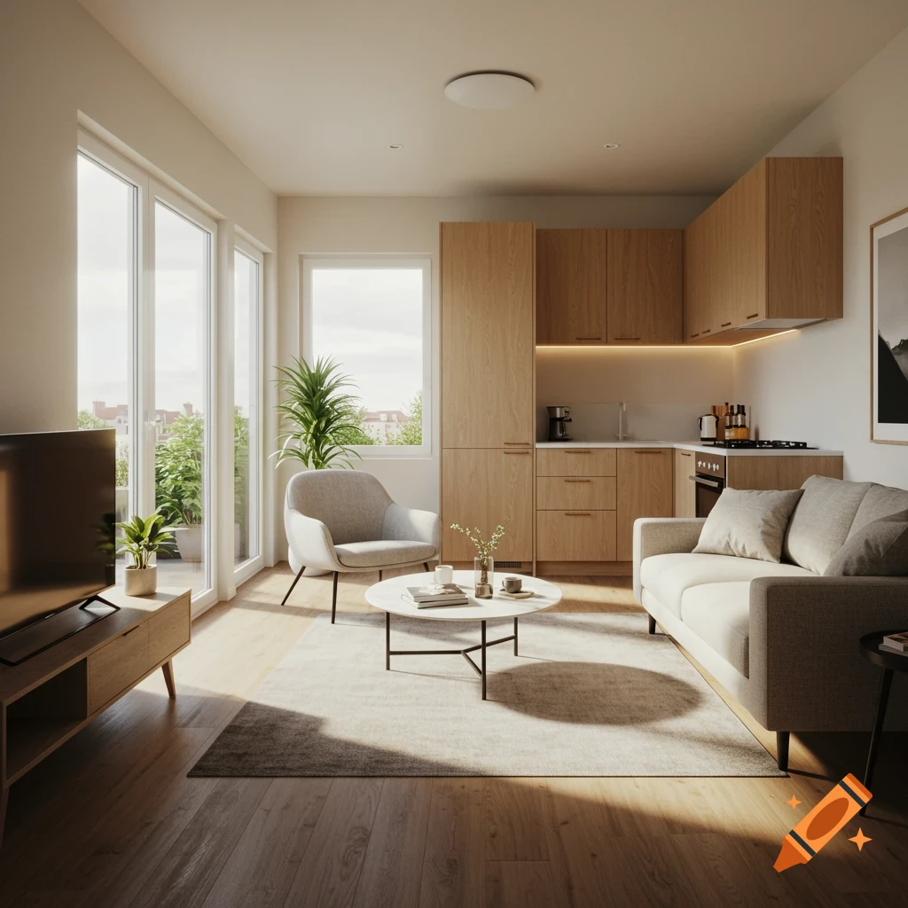 A bright, modern open-plan living room and kitchen with wooden cabinets, a light grey sofa, and an armchair, bathed in sunlight from large windows.