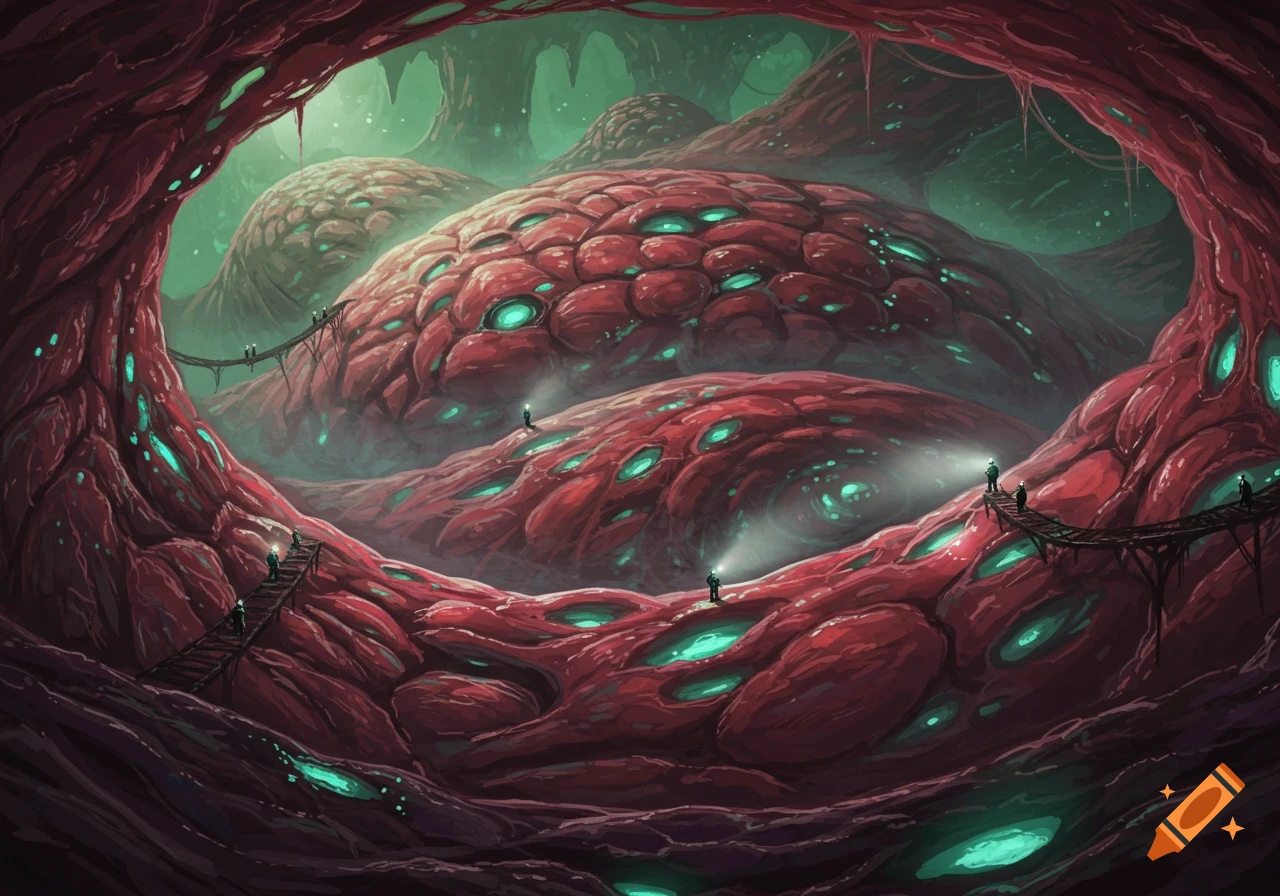 A vast, red, fleshy cave system with glowing turquoise orifices and tiny explorers navigating bridges and stairs, in a fantasy sci-fi art style.