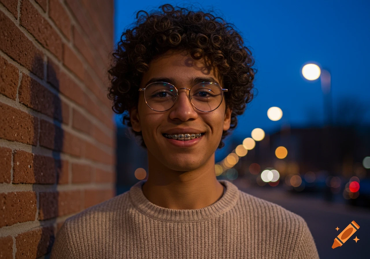 Smiling young man with curly brown hair, glasses, and braces, standing against a brick wall at dusk with blurry streetlights.