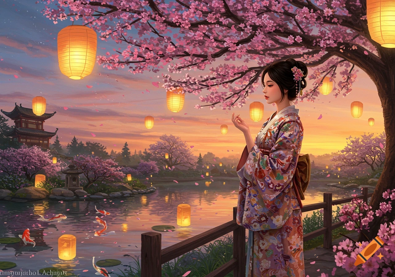 A woman in a kimono stands on a bridge under cherry blossoms and glowing lanterns, looking at koi fish in a pond at sunset. Stylized art.