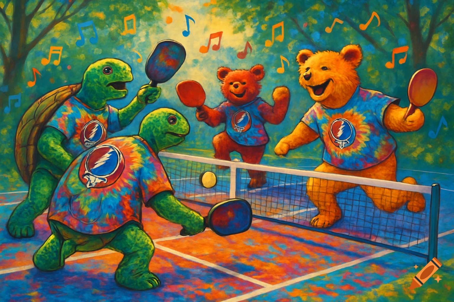 Psychedelic painting of turtles and dancing bears in Grateful Dead shirts playing pickleball.