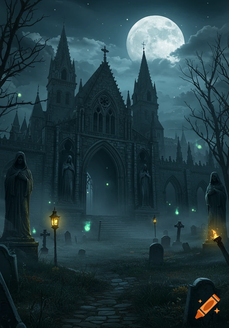 A dark fantasy image of a gothic monastery and cemetery under a full moon, with mist and glowing green wisps.