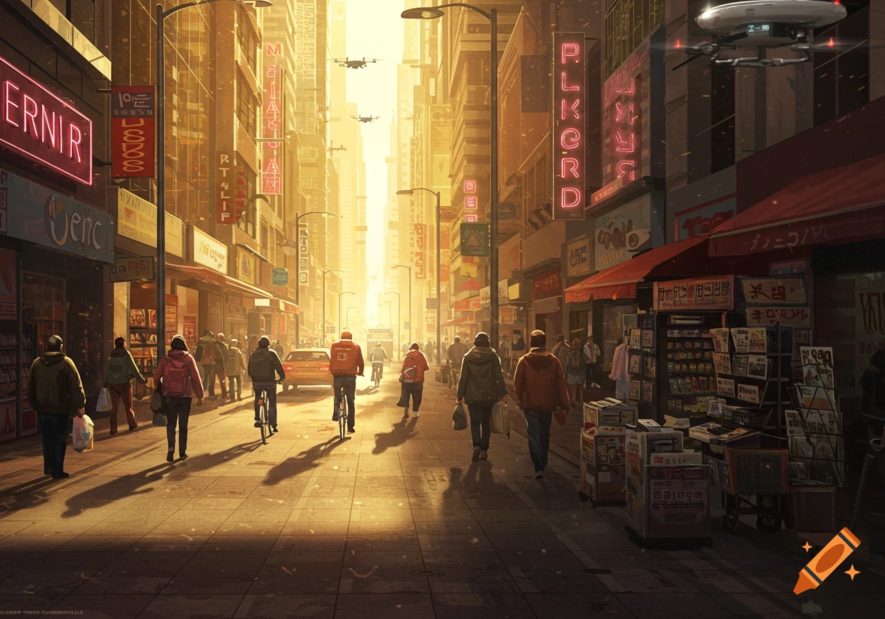 A bustling futuristic city street at sunset with people walking and cycling, neon signs, and flying drones. Golden light illuminates the crowded street with tall buildings.