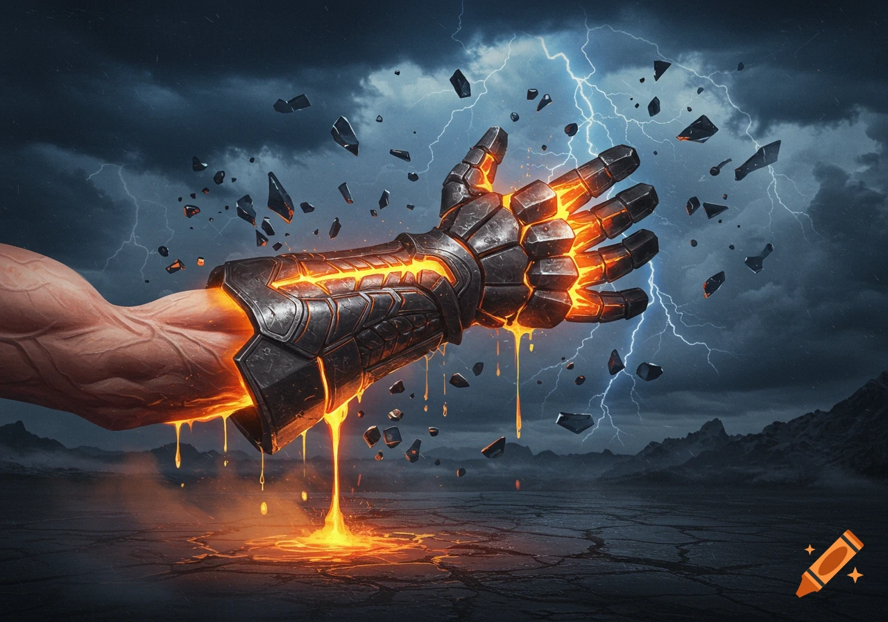 A muscular arm wears a glowing, lava-dripping gauntlet amidst a stormy, lightning-filled sky over cracked ground.