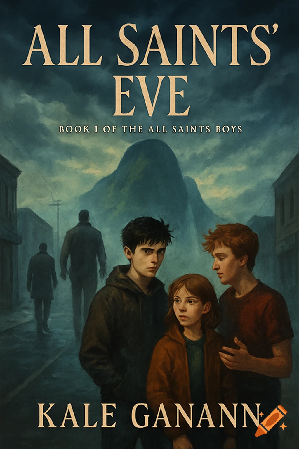 Ominous book cover with three teenagers in the foreground and two shadowy adults walking away in the background. A large mountain looms over a misty city street. Text reads 'ALL SAINTS' EVE' by KALE GANANN.