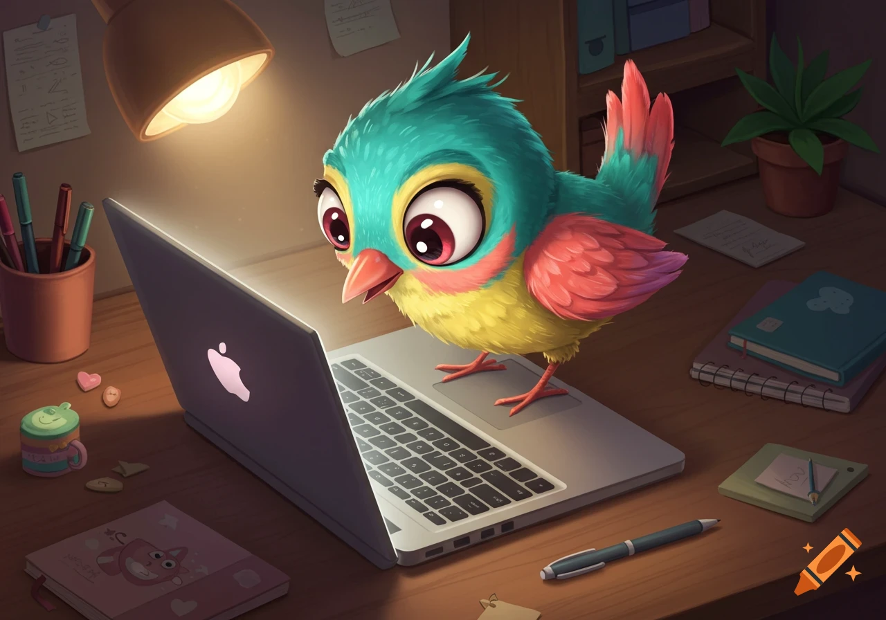 A brightly colored cartoon bird with large eyes stands on a laptop keyboard, looking at the glowing screen on a desk with a lamp.
