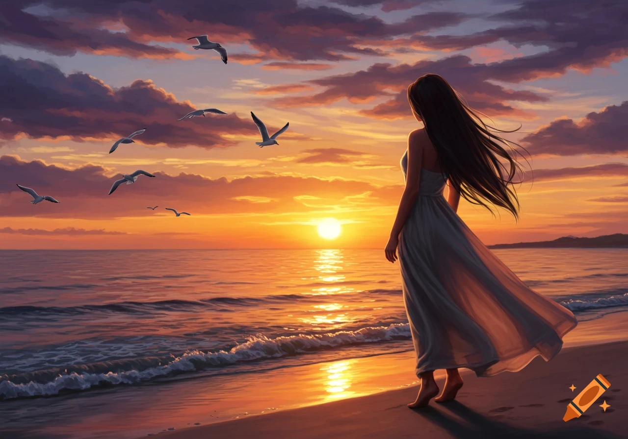A woman with long hair in a flowing dress stands barefoot on a beach, looking out at a vibrant sunset over the ocean with seagulls flying, digital art.