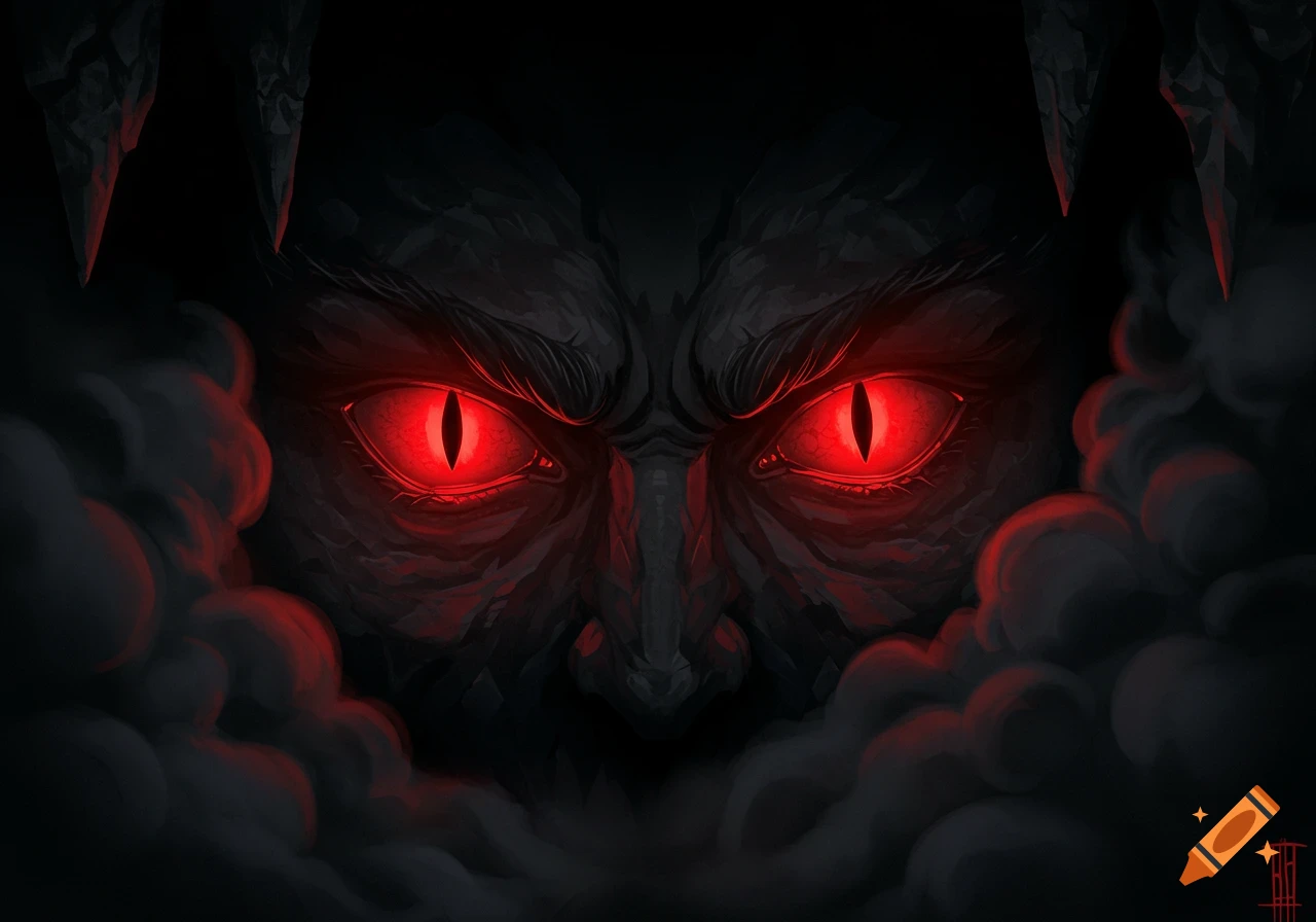 Close-up of a dark, monstrous face with glowing red, evil eyes and black smoke.