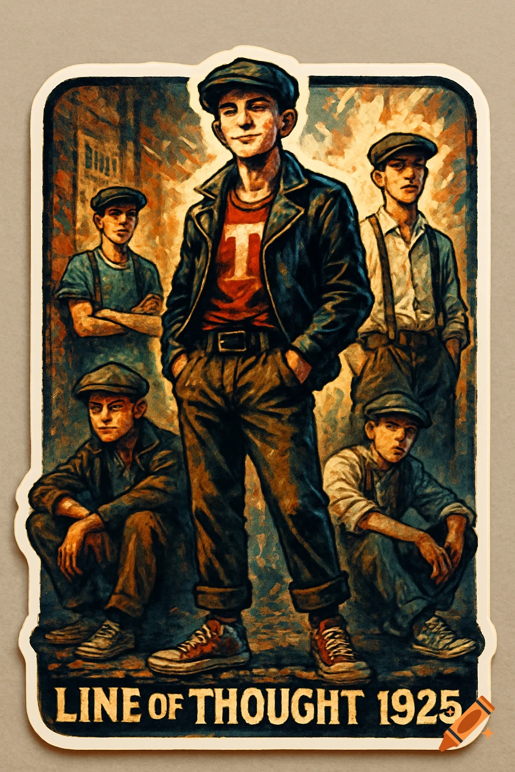 Vintage illustration of five young men in 1920s clothes, standing and crouching, with 'LINE OF THOUGHT 1925' at the bottom.