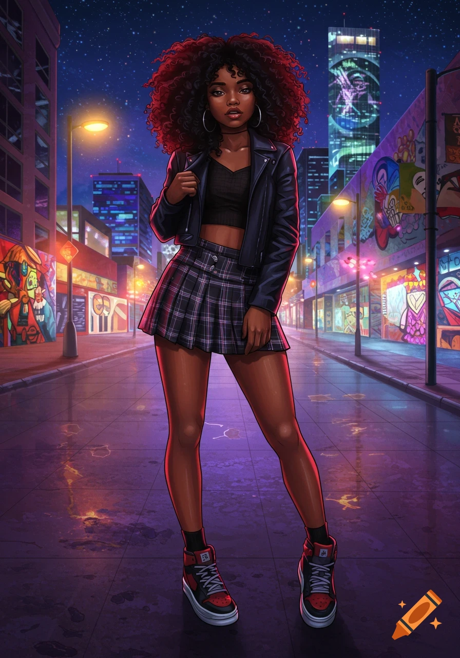 Stylized illustration of a Black girl with curly hair, crop top, plaid skirt, and leather jacket on a neon-lit city street at night.