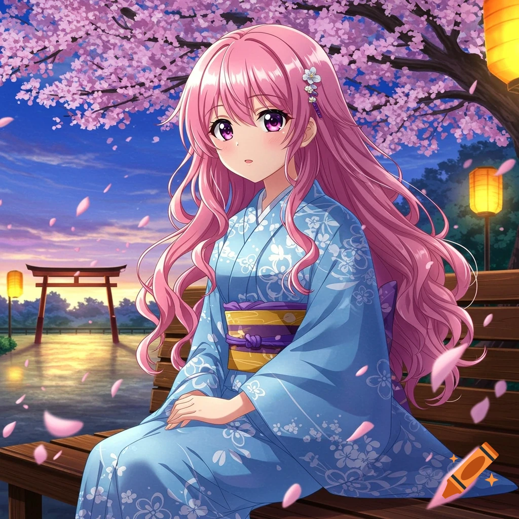 Anime girl with long pink hair and purple eyes, wearing a blue kimono, sits on a bench under cherry blossoms at sunset with a torii gate.