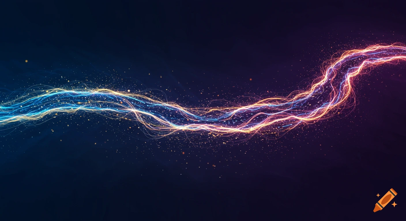 A twisting, glowing river of blue, orange, and golden energy with dynamic light streaks and particle bursts on a dark blue to purple background.