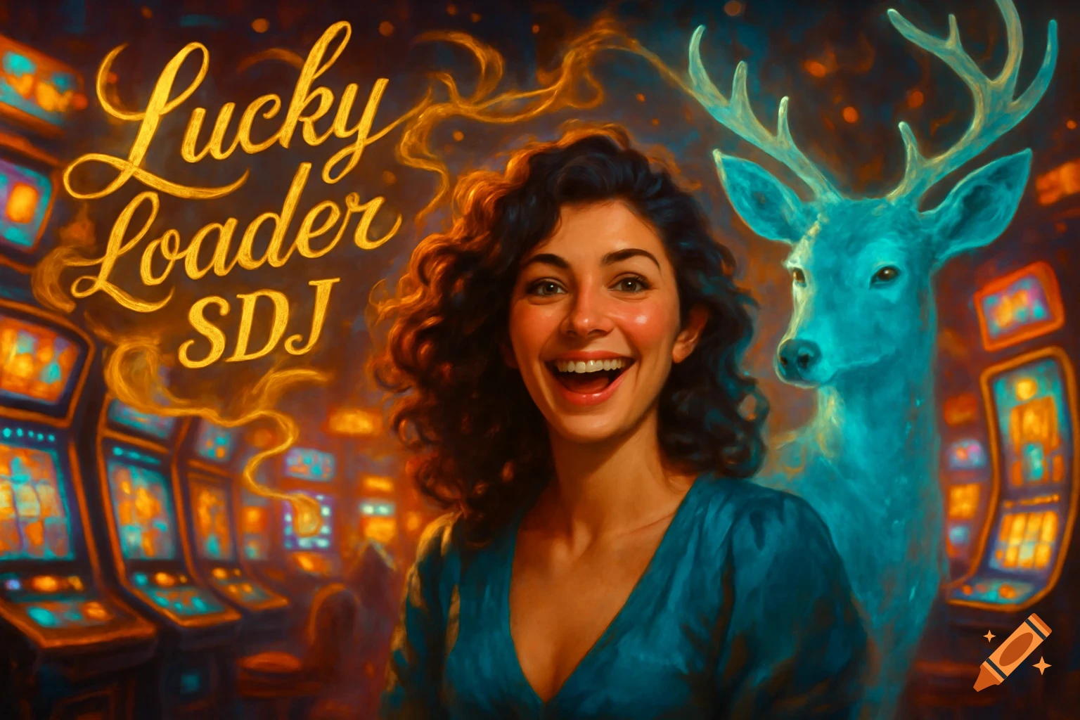 A happy, curly-haired woman smiles in front of a glowing blue deer and slot machines. Text reads 'Lucky Loader SDJ'.
