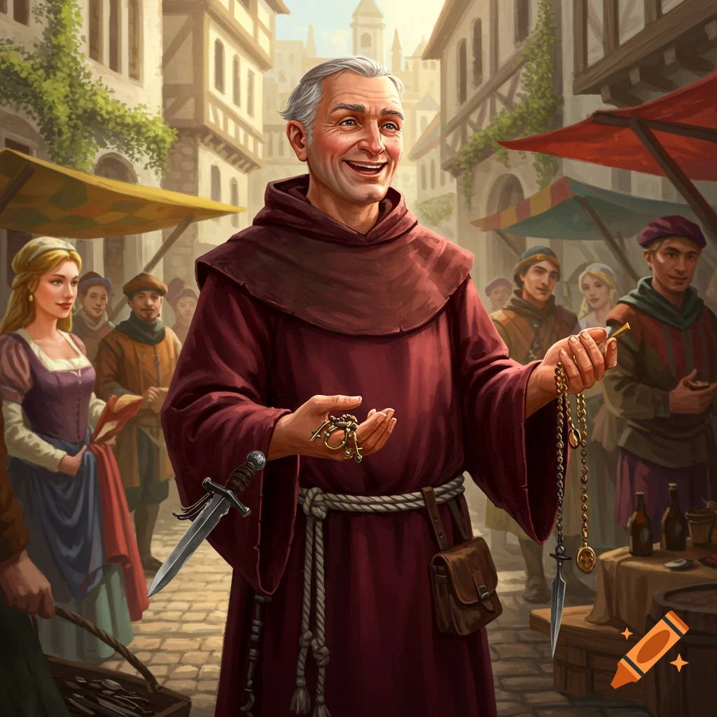 A smiling friar in a red robe holds keys and a chained dagger in a bustling medieval marketplace, detailed illustration.