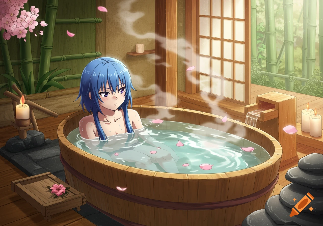 Blue-haired anime character bathing in a wooden tub with steam and pink petals, in a traditional Japanese bathhouse.