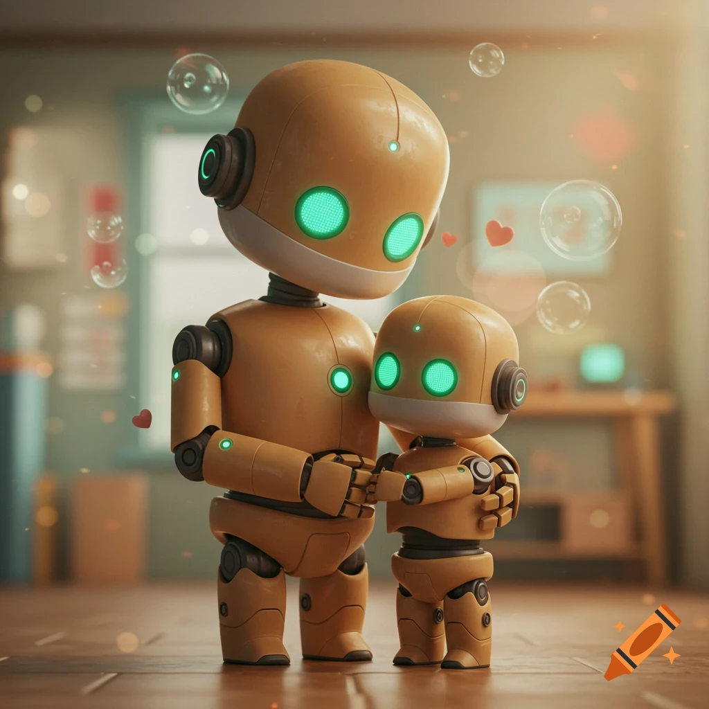 Two cute orange robots, one larger and one smaller, hold hands in a soft-lit room with bubbles and hearts.