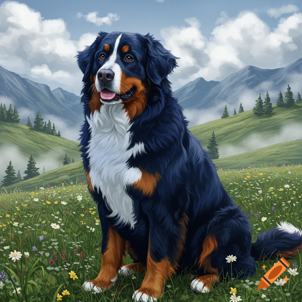 A tri-color Bernese mountain dog with blue-tinted black, brown, and white fur sits in a field of wildflowers with mountains and a cloudy sky in the background, illustrated style.