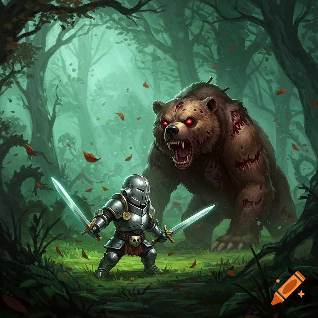 A small armored knight with two swords faces a large, snarling zombified bear with red eyes in a dark, misty forest. Stylized game art.