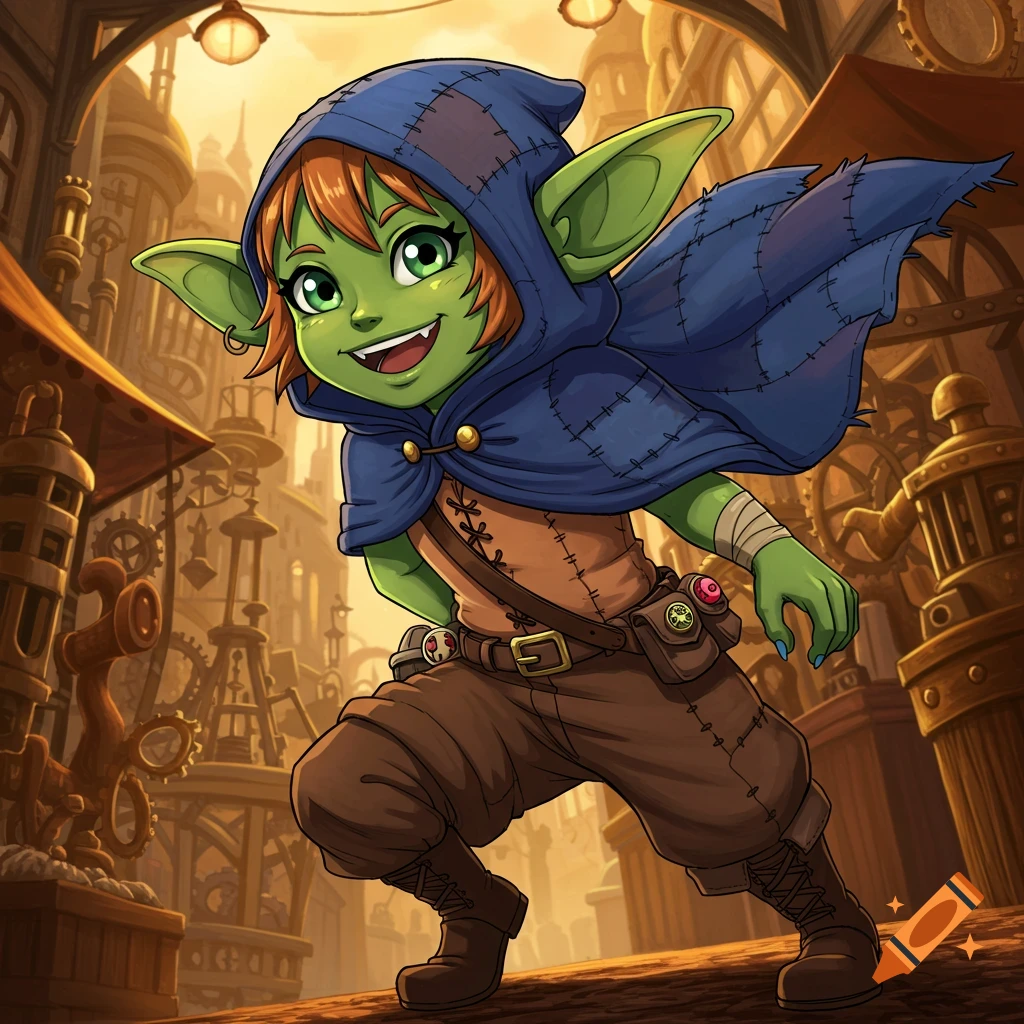Anime style green-skinned goblin tomboy in a blue hooded cloak, leaning forward in a steampunk city.