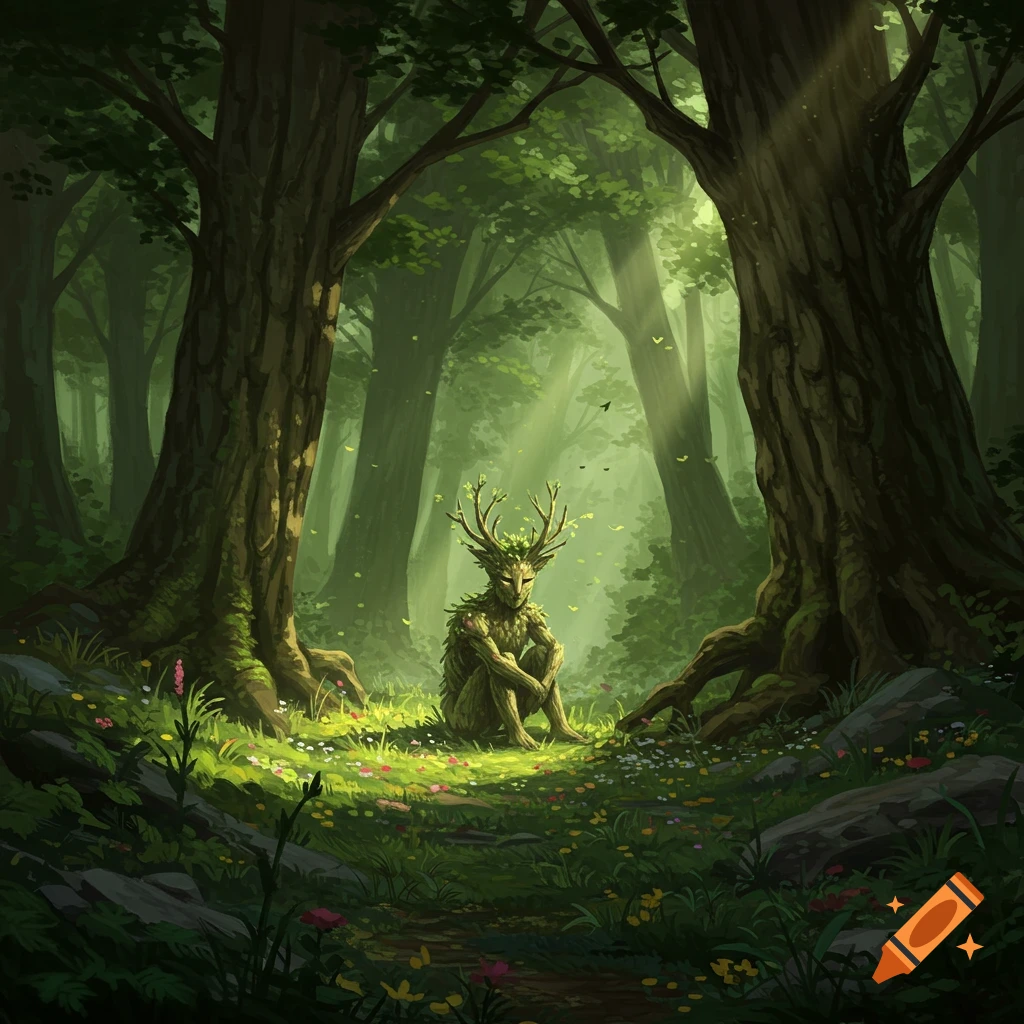 A moss-covered forest creature with antlers sits among wildflowers in a sun-dappled, magical forest with tall trees.