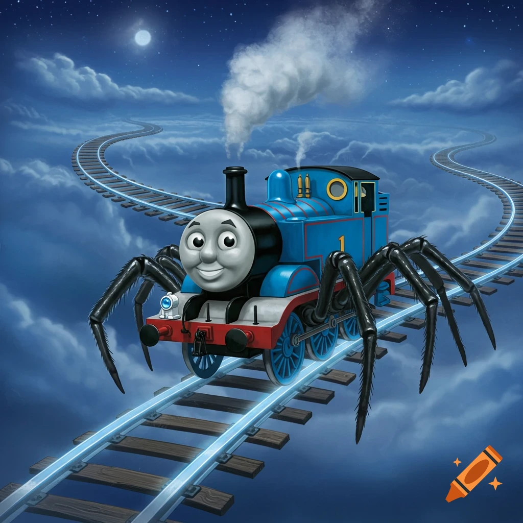 Thomas the Tank Engine with spider legs drives on glowing train tracks through a cloudy night sky with a full moon.