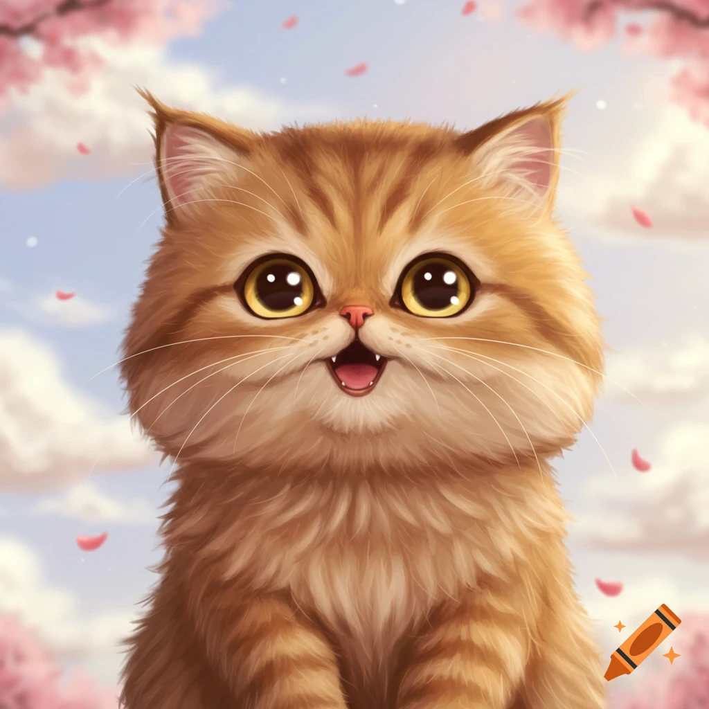 A cute, fluffy chibi Persian cat with big yellow eyes and an open mouth, set against a blue sky with pink cherry blossoms.