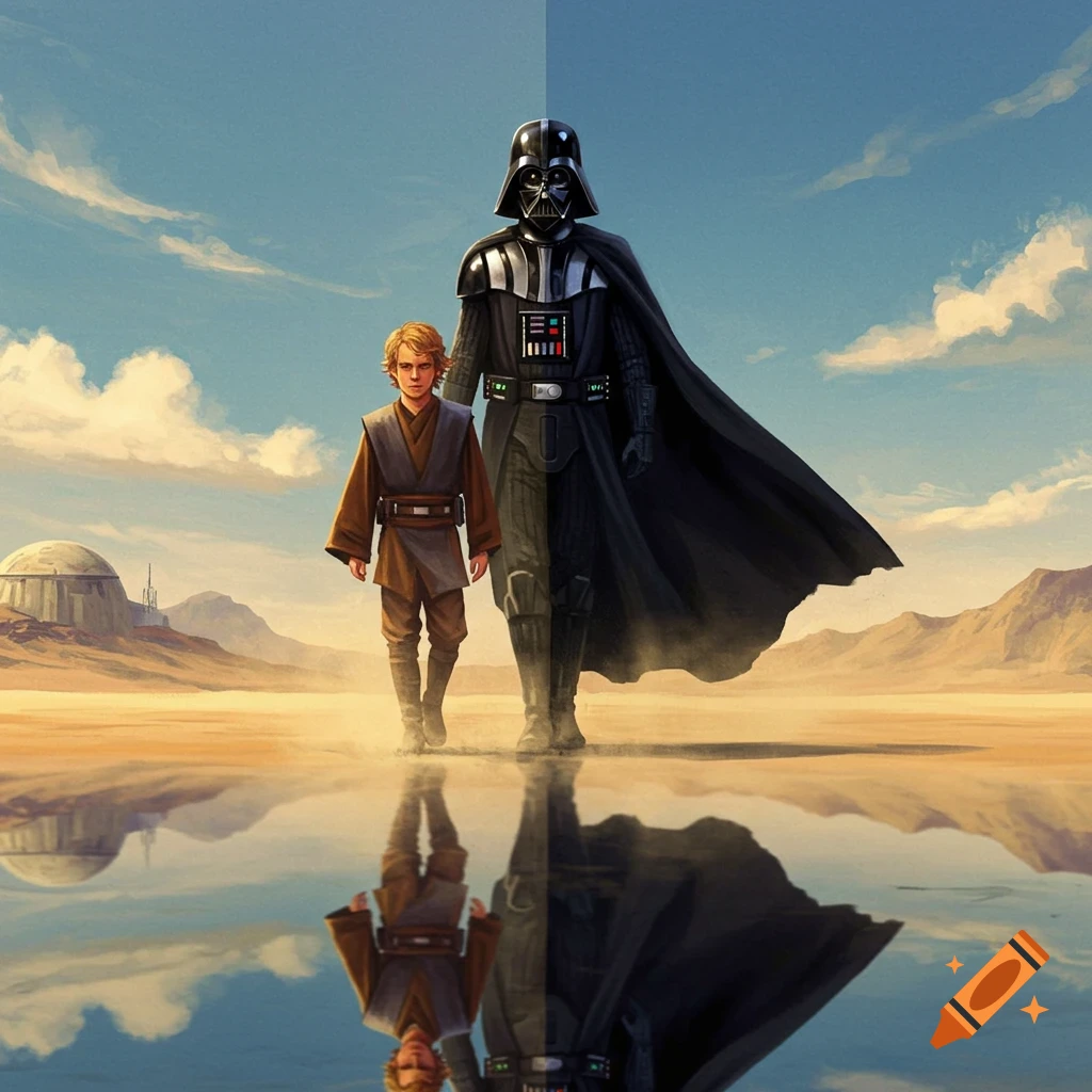 Anakin Skywalker and Darth Vader walk in a desert with reflections, dome, mountains under a blue sky.