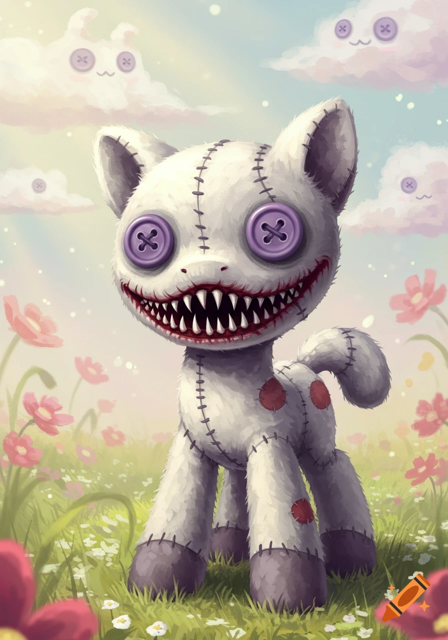 White ragdoll pony with stitched fur, purple button eyes, and sharp teeth stands in a flower-filled meadow under a sky with cloud faces.