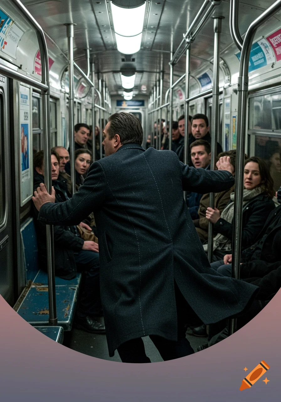 A man in a dark coat stands holding a pole in a crowded subway car, facing away from the viewer towards other passengers.