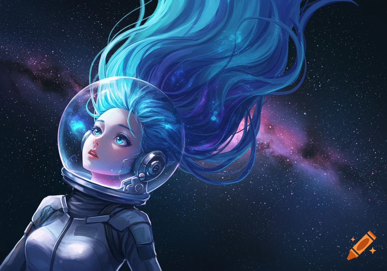 Anime girl in a space suit with flowing blue, galaxy-filled hair, looking up at the stars and nebulas.
