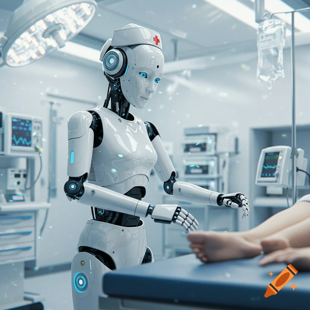 A photorealistic robot nurse with a red cross on her hat attends to a patient's feet in a futuristic hospital room.
