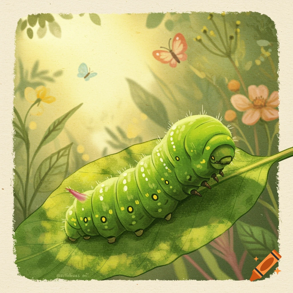 A bright green caterpillar with yellow spots sits on a large leaf, with butterflies and flowers in a charming children's book illustration style.