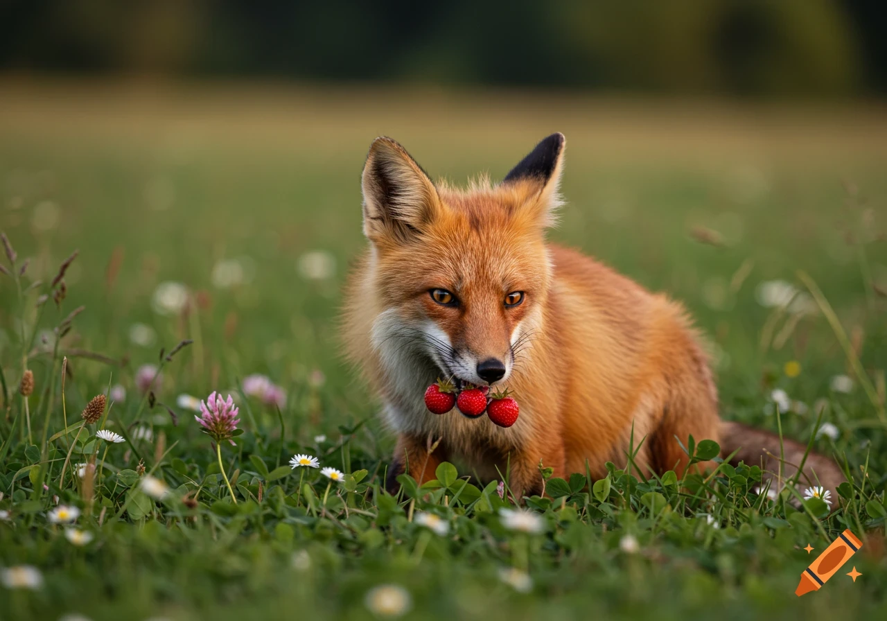 A red fox in a grassy field with clover and daisies, holding three bright red strawberries in its mouth.