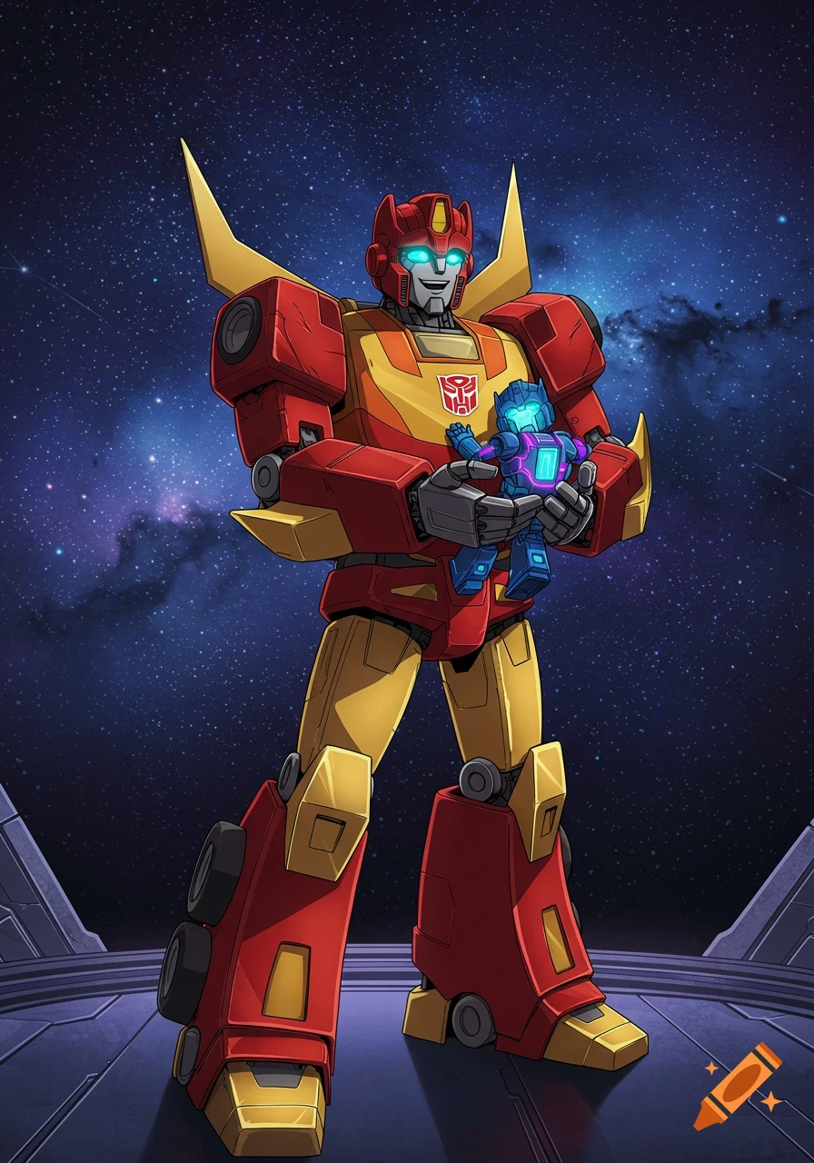 Hot Rod, a red and yellow Transformer, stands in space, holding a small blue and purple transformer baby in an animated style.