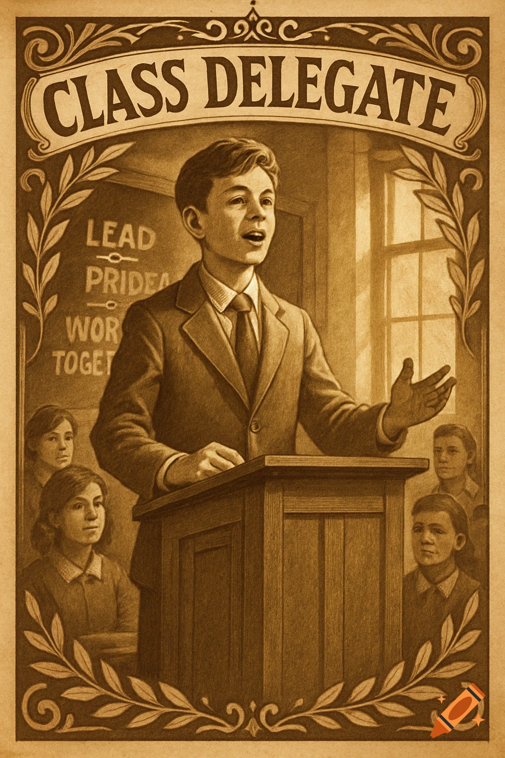 A vintage-style sepia poster depicts a young boy speaking at a podium as a 'CLASS DELEGATE' to his peers, with a blackboard in the background.