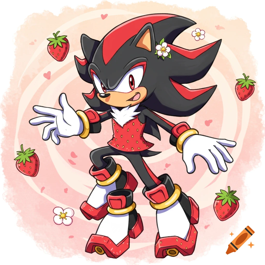 Shadow the Hedgehog with a white flower in his quills, wearing a red strawberry-patterned shirt, surrounded by strawberries and hearts, in a cartoon style.