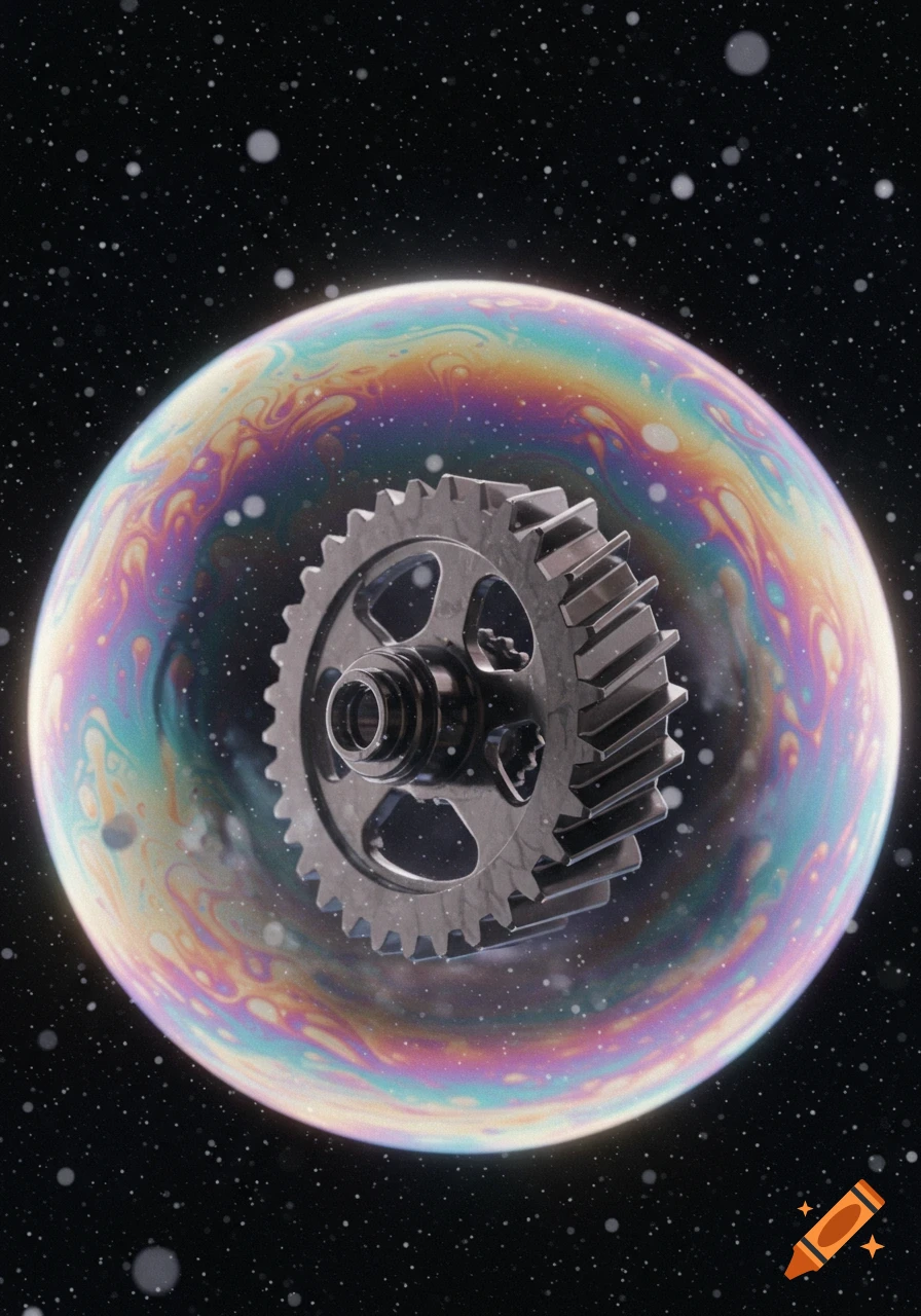 A metallic gear suspended inside a colorful, iridescent bubble, against a dark starry outer space background.