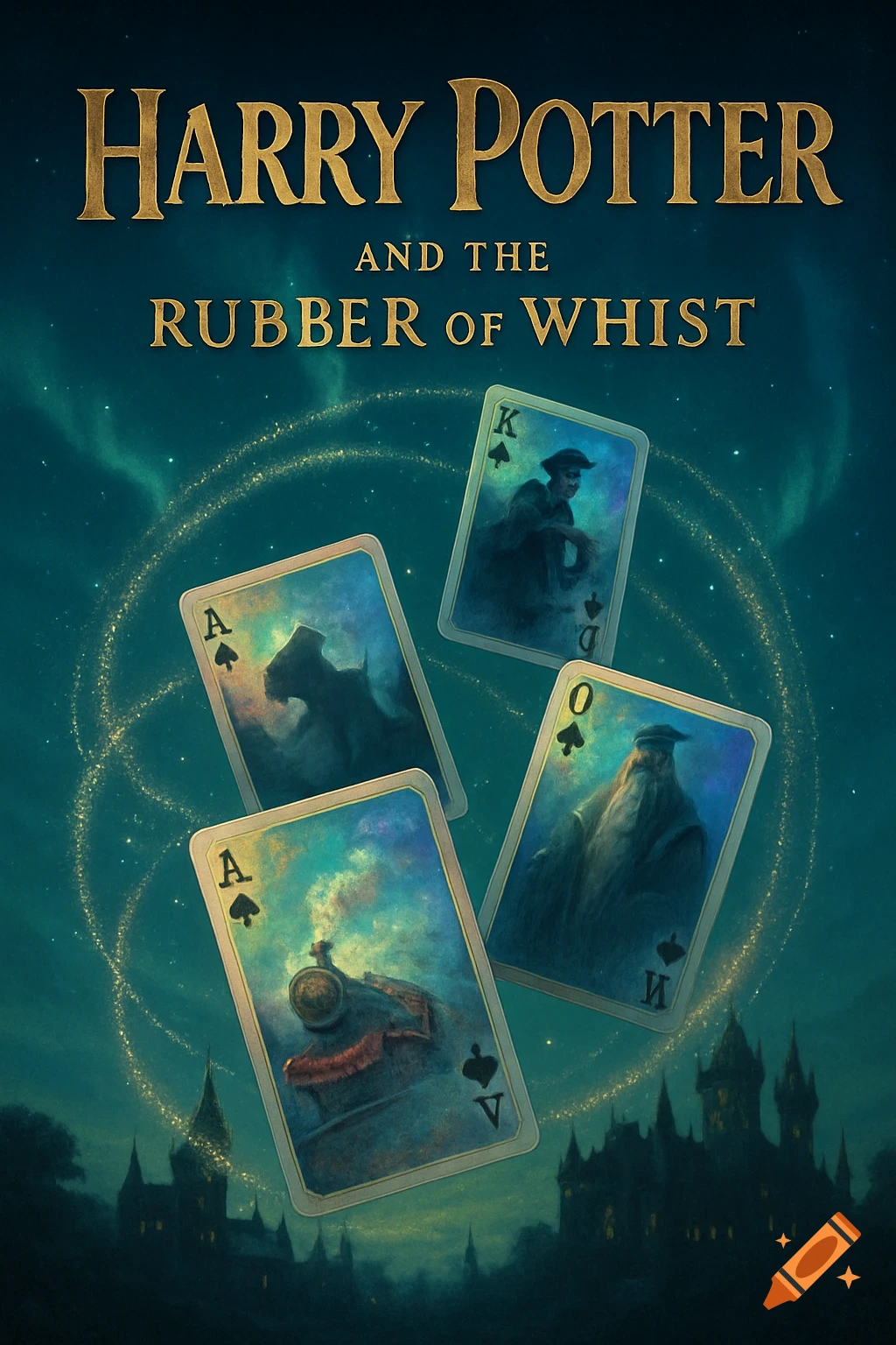 Book cover for 'Harry Potter and the Rubber of Whist' with floating playing cards depicting magical scenes, a castle, and light trails.