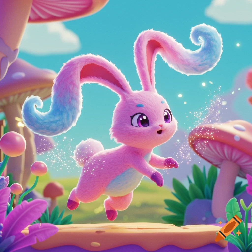 A cute pink cartoon bunny with long blue-tipped ears leaps in a magical forest with glowing mushrooms and sparkles.